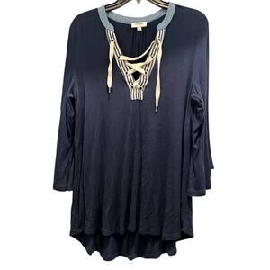 UMGEE Blue corset pirate y neck bell sleeve chambray trim blouse SZ S